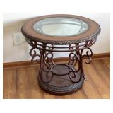Wooden Round End Table w Glass Top