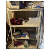 Four Shelved White Rack.  Items on rack not