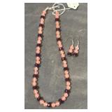 Purple/pink beaded necklace & earrings. 19'