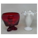Ruby Red & White Ruffled Art Glass 6ï¿½ Vases