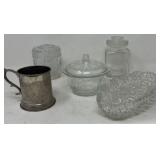 Pressed Glass Containers & Silverplate Cup 2-5"