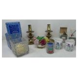 Avon Candles, Brass Candlesticks & Floral Decor