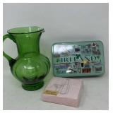 Green Glass 9ï¿½ Pitcher Ireland Tin & Napkins
