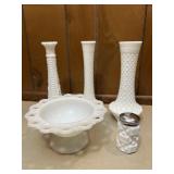 Milk Glass Vases Bowl & Shaker