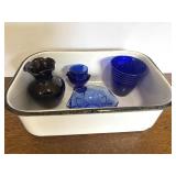 Cobalt Blue Glassware In Vintage Enameled Pan