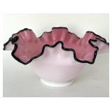 Fenton Black Rose Ruffled Glass Pink Bowl