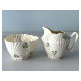Belleek Pottery Harp Shamrock Creamer & Sugar