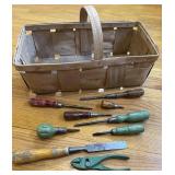 Vintage Hand Tools With Wood Basket