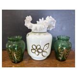 Bristol Glass Vase & Two Green Jars