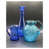 Vintage Blue Glass Petite Pitchers & Vase