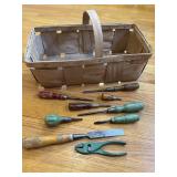 Vintage Hand Tools With Wood Basket +