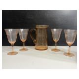 Pink Depression Glass Pitcher & Goblets