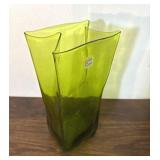 Blenko Blown Green Glass Paper Bag Vase w/ Label
