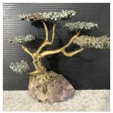 Brutalist Bronze Bonzai Tree Sculpture On Crystal