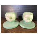 Weller Pottery Wild Rose Candlestick Holder Pair