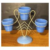 Akro Agate Blue Slag Glass Tri Planter Wire Stand