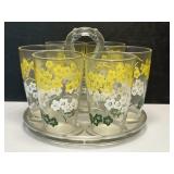 MCM Flower Tumbler Glass Set w/ Glass Caddy