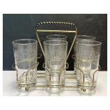 Mid Century Etched Leaf Glass Tumbler Set Caddy