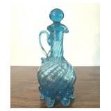 Hand Blown Glass Cruet Blue Swirl Bottle