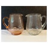 Hand Blown Glass & Pink Depression Glass Pitchers