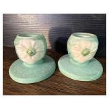 Weller Pottery Wild Rose Candlestick Holder Pair