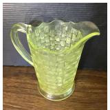 EAPG Vaseline Glass Basketweave Uranium Pitcher