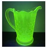 EAPG Vaseline Glass Basketweave Uranium Pitcher