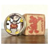 Mickey Mouse Belt Buckle & Toy Wood Block Pair