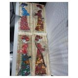4e Asian Silk Fabric Figures on Bamboo Mat Wall