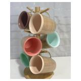 Vintage 6-Piece Woven Bamboo Mug Set w Tree Stand