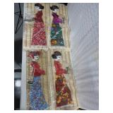 4e Asian Silk Fabric Figures on Bamboo Mat Wall