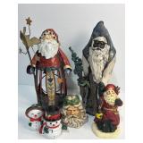 Santa figurines and vintage snowman salt and