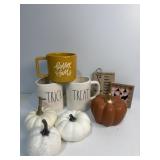 Fall decor including Rae Dunn Halloween mugs