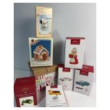 Gift box and various Hallmark ornaments