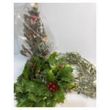 Mini decorated tree, holly wreath and garland