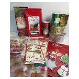 Various Christmas cards, tags and ribbon