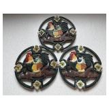 3 Cast Iron Rooster Trivets Pot Holders
