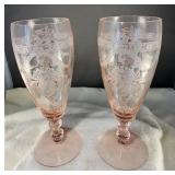 Pair Of Pink Etched Stemmed Glasses