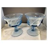 Pair Of Blue Swirl Footed Glass Bowls