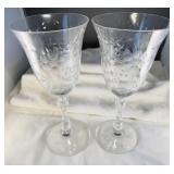 Pair Etched Floral Crystal Goblets