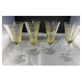 Set Of 4 Yellow Etched Stemmed Glasses