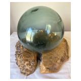 Large Marked Glass Fishing Float on Burl Base