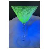 Uranium Glass Green Etched Stemmed Glass