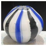Art Glass Round Vase Stripe Blue Black