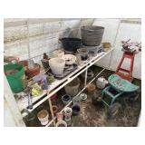Garden Pots, Tools & Rolling Seat In Greenhouse