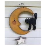Wooden Halloween Moon & Black Cat Sign