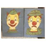 Vintage Clown Folk Art Paintings Canvas Board Pair