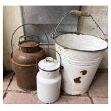 Vintage Milk Cans & Enamelware Bucket Farm Trio