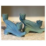 Van Briggle Double Tulip Ming Blue Candlestick
