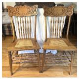 Antique Oak Wood Cane Seat Chair Pair